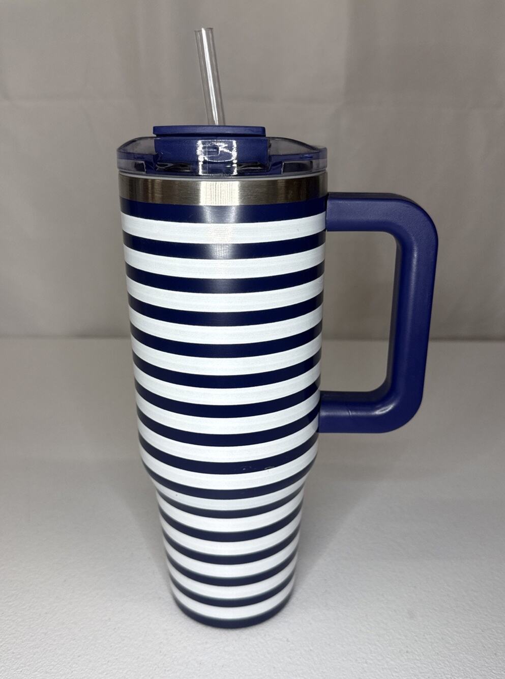 Stainless Steel Tumbler Blue & White Strip 40 Fl Oz With Straw & Handle